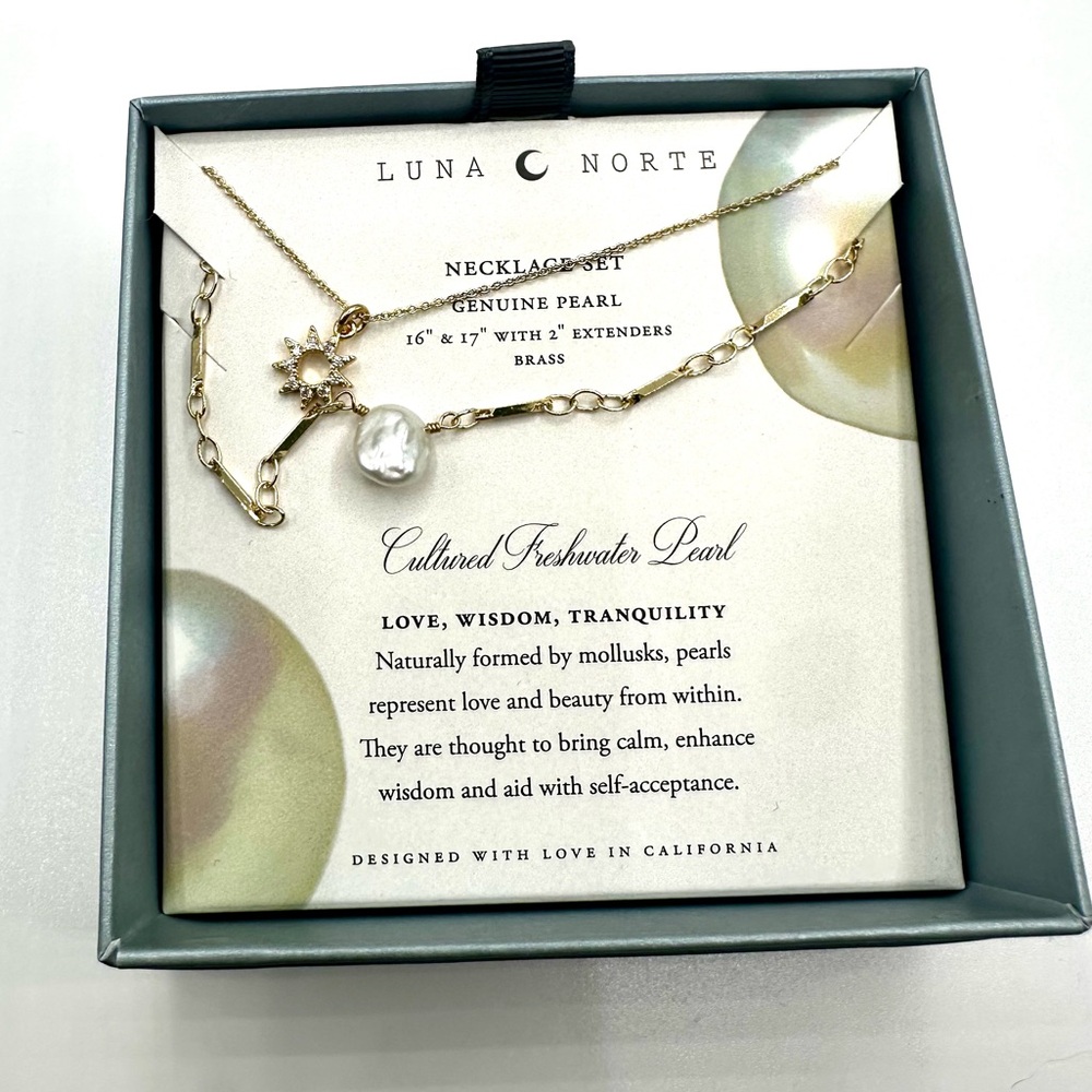 Luna Norte Pearl Double Necklace Brass Set - Picture 3 of 5